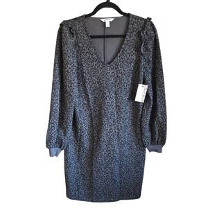 Nine West Ruffled Grey and Black Leopard Print Sweatshirt Mini Dress NWT